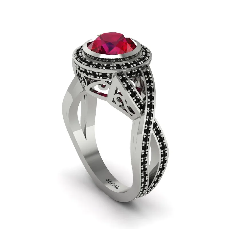 engagement-pearl-vintage-ring-Ruby Filigree Halo Twist Shank Engagement Ring - Wren No. 42