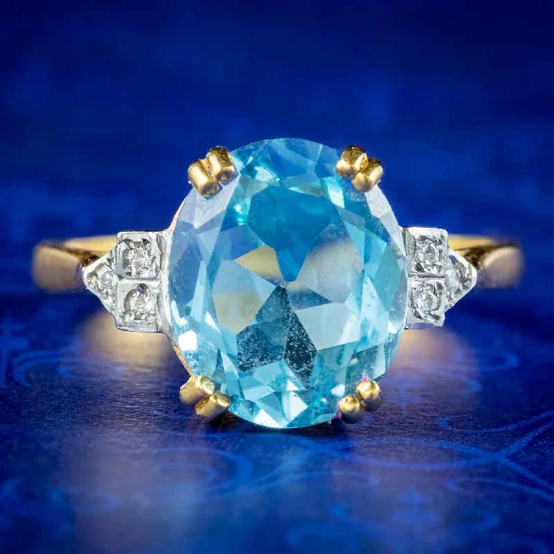 ladies-emerald-cut-gold-rings-Art Deco Style Blue Topaz Cz Cocktail Ring 5.2ct Topaz