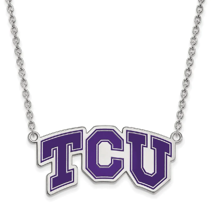 Ladies necklaces multi-tier styles -Sterling Silver Texas Christian U Large Enamel Pendant Necklace