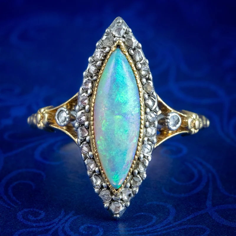 ladies-radiant-cut-rose-gold-rings-Antique Victorian French Opal Diamond Navette Ring 2.5ct Opal