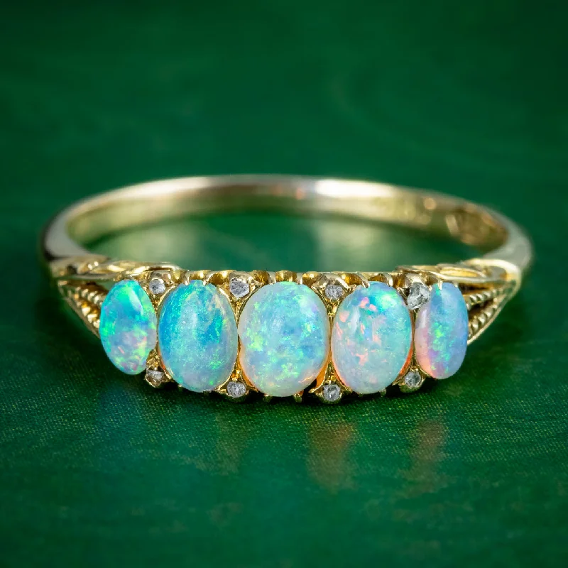 ladies-asscher-cut-diamond-rings-Antique Victorian Opal Diamond Five Stone Ring 1.1ct Total