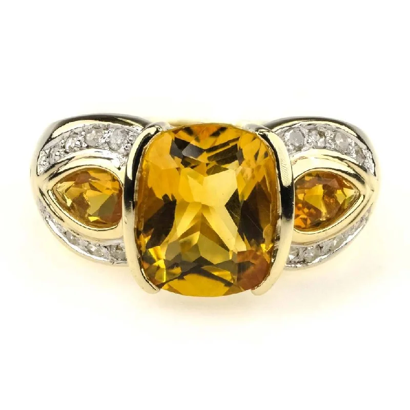 ladies-silver-classic-rings-Citrine and Diamond Ring in 14K Yellow Gold