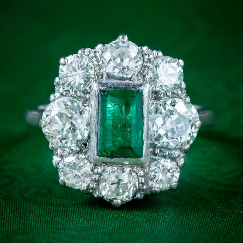 ladies-diamond-band-rings-Antique Edwardian Emerald Diamond Cluster Ring 0.60ct Emerald