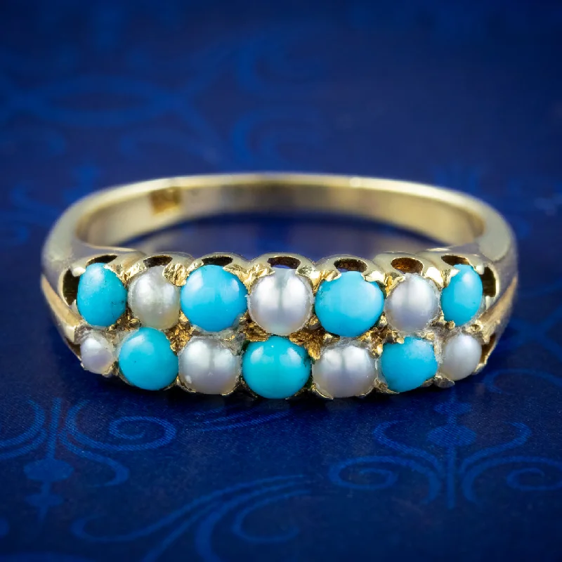 ladies-affordable-diamond-rings-Antique Victorian Turquoise Pearl Checkerboard Ring