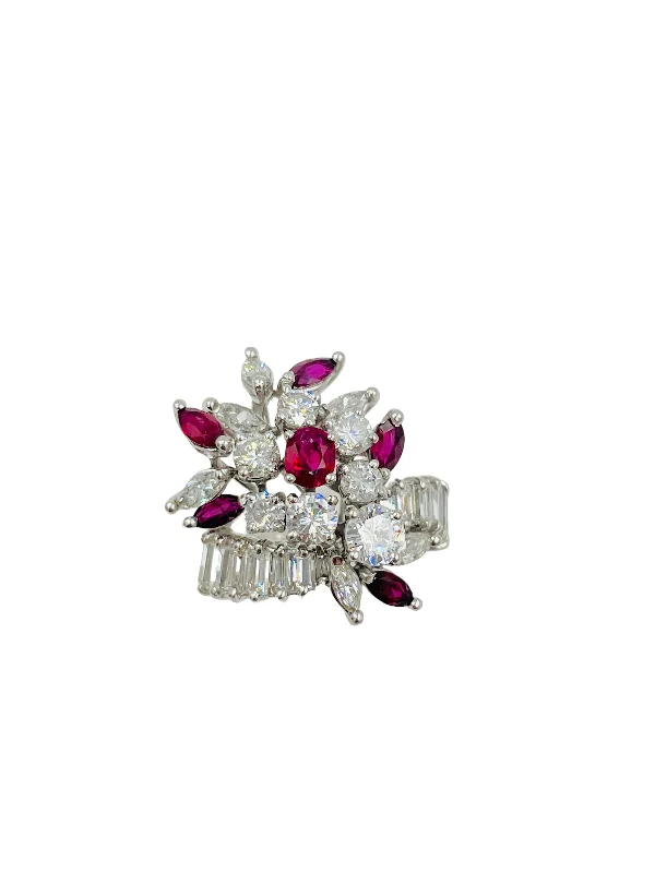 ladies-luxury-silver-rings-Diamond Ruby Platinum Cocktail Ring