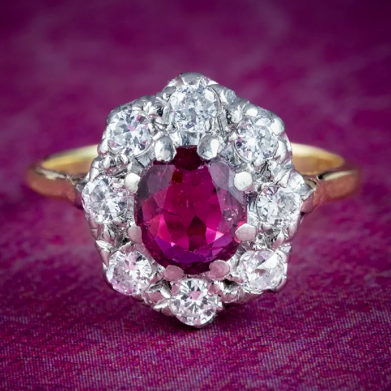 ladies-sapphire-handmade-rings-Antique Edwardian Ruby Diamond Cluster Ring 0.80ct Ruby