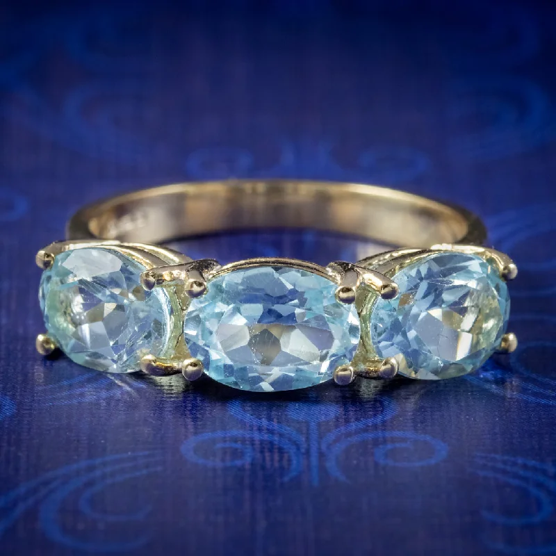 ladies-sapphire-handmade-rings-Victorian Style Blue Topaz Trilogy Ring 9ct Gold 3ct Of Topaz