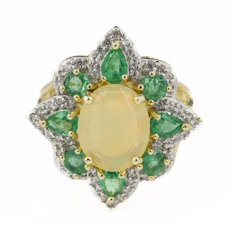 ladies-diamond-classic-rings-Natural Opal w/ Diamond & Emerald Accents Gemstone Ring in 10K Two Tone Gold