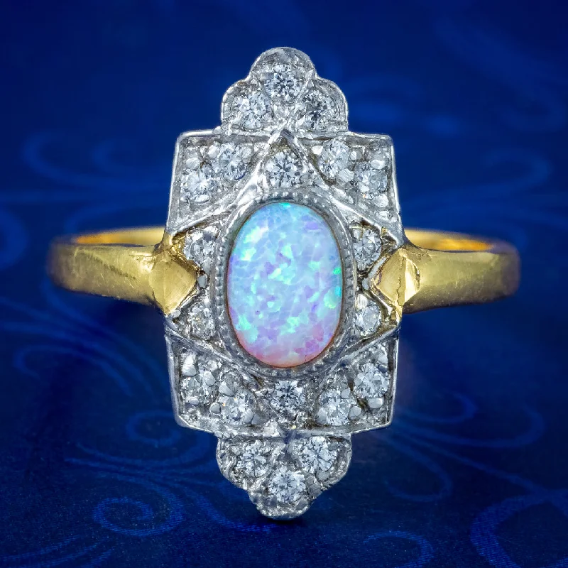 ladies-gold-three-stone-rings-Art Deco Style Opal CZ Ring