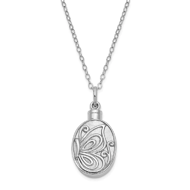 Ladies necklaces fine links -Rhodium Plated Sterling Silver Oval Butterfly Ash Holder Necklace