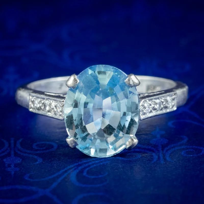 ladies-sapphire-handmade-rings-Vintage Aquamarine Diamond Ring 3.8ct Aqua