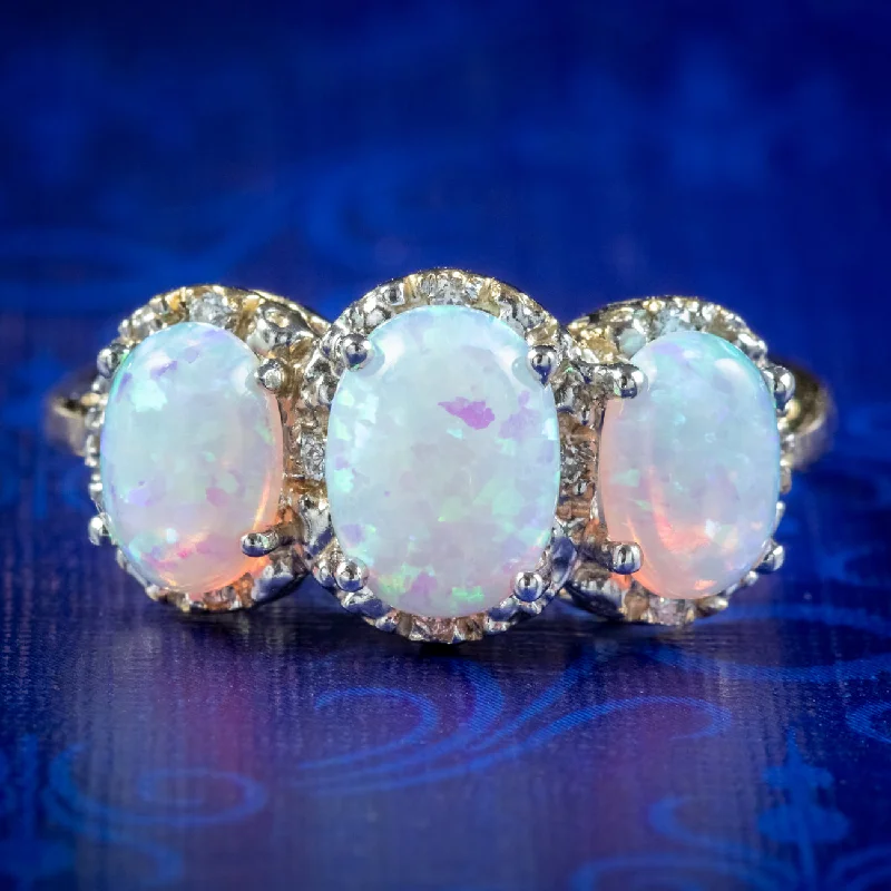 ladies-gold-stackable-rings-Victorian Style Opal Diamond Trilogy Ring