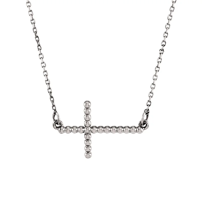 Ladies necklaces for adventurers -15.5mm Sideways Beaded Cross Necklace in 14k White Gold, 16.5 Inch