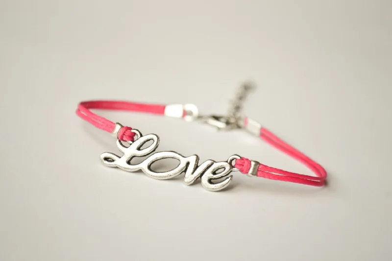 Ladies bracelets for sporty days -Pink cord bracelet with a silver love charm, anniversary gift for her