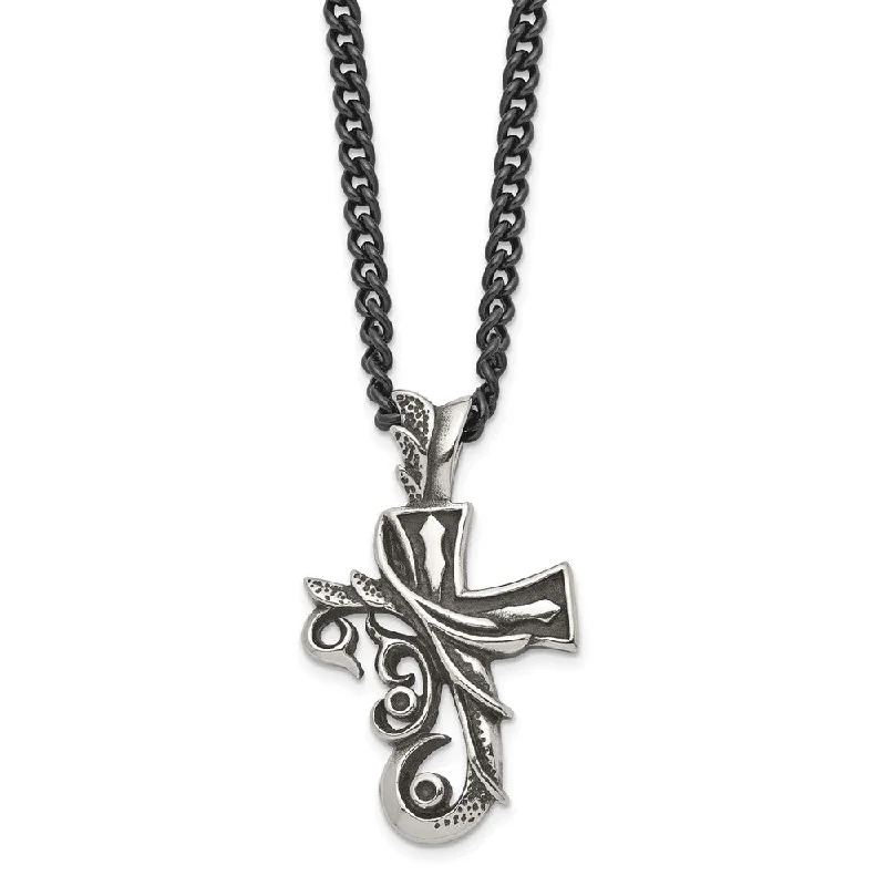 Ladies necklaces retro chains -Men's Stainless Steel Antiqued Fancy Scroll Cross Necklace, 20 Inch