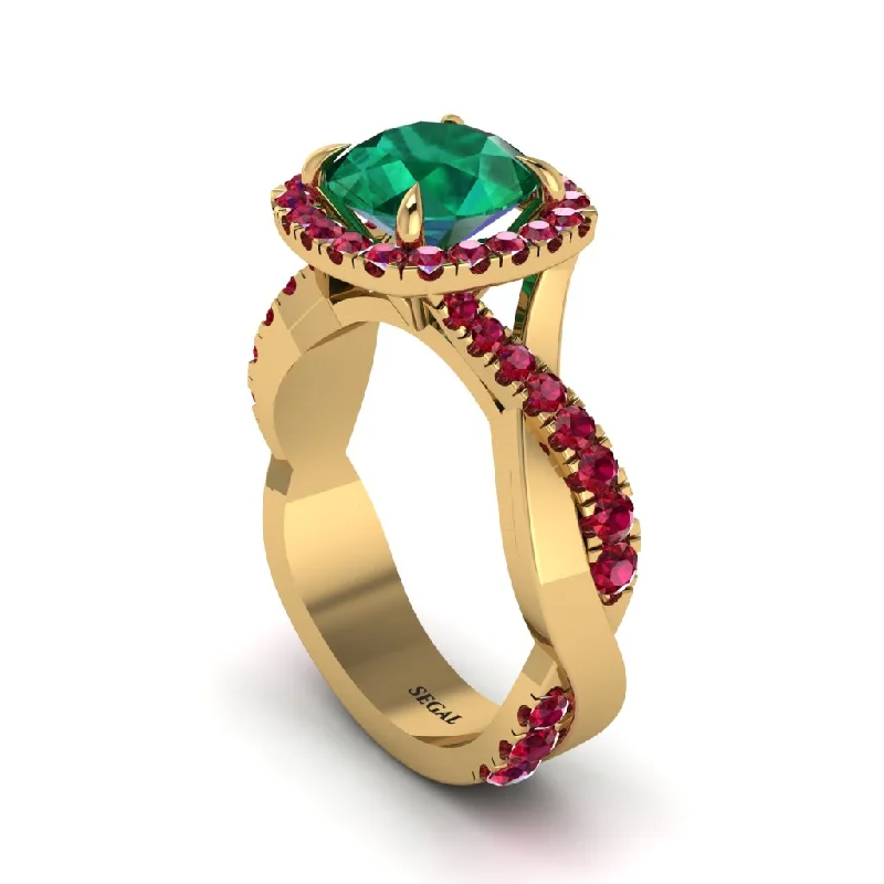 engagement-cushion-cut-gold-ring-Emerald Twist Shank Halo Engagement Ring - Cheyenne No. 49