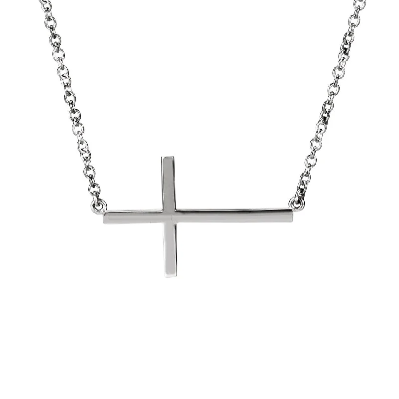 Ladies necklaces for active days -28mm Polished Sideways Cross Adjustable 14k White Gold Necklace