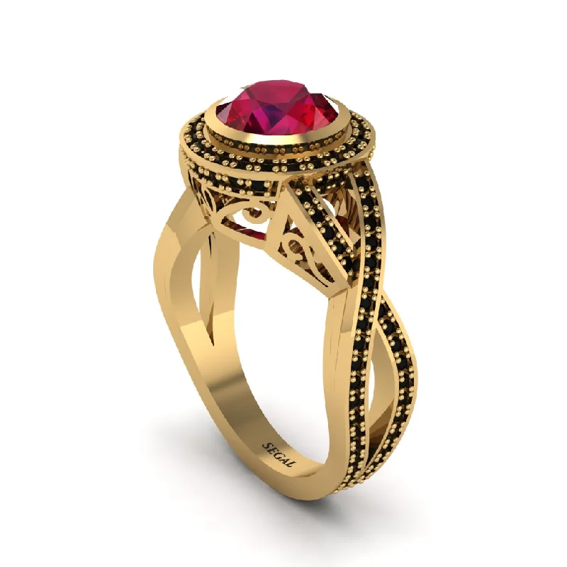 engagement-gold-filigree-ring-Ruby Filigree Halo Twist Shank Engagement Ring - Wren No. 40