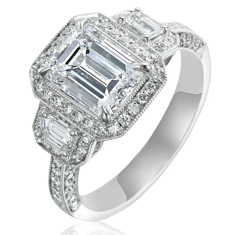 engagement-handmade-diamond-ring-Emerald Cut 2.10 Carat Diamond Three Stone Halo White Gold Engagement Ring