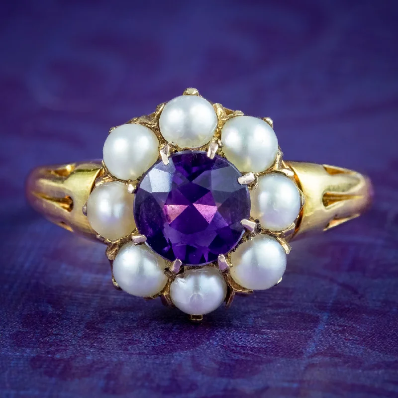 ladies-asscher-cut-silver-rings-Antique Victorian Amethyst Pearl Cluster Ring 1.2ct Amethyst