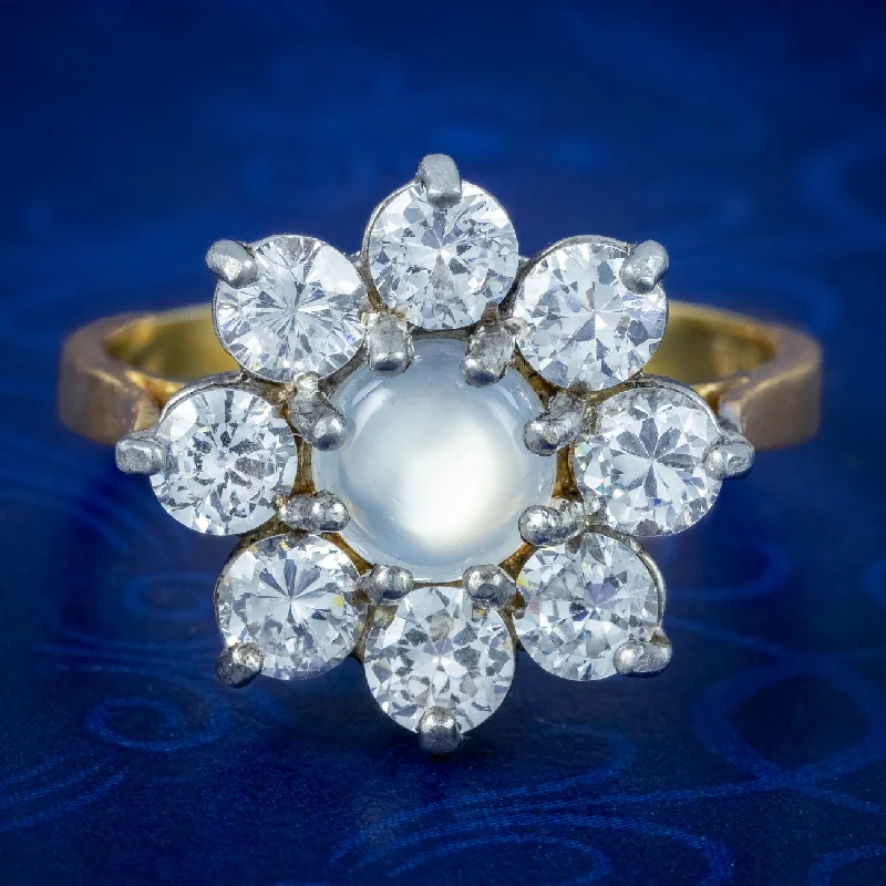 ladies-initial-silver-rings-Victorian Style Moonstone CZ Daisy Cluster Ring