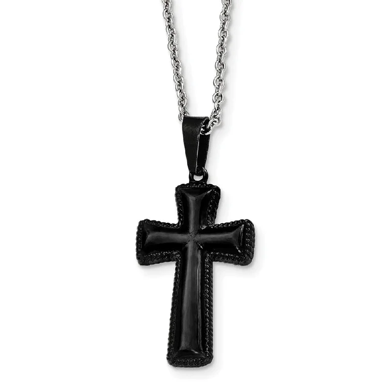 Ladies necklaces for travelers -Medium Black Plated Pillow Cross Necklace in Stainless Steel, 18 Inch