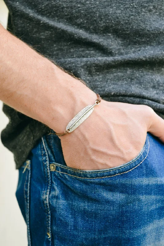 Ladies bracelets bold flair -Silver feather charm bracelet for men, brown cord, gif for him