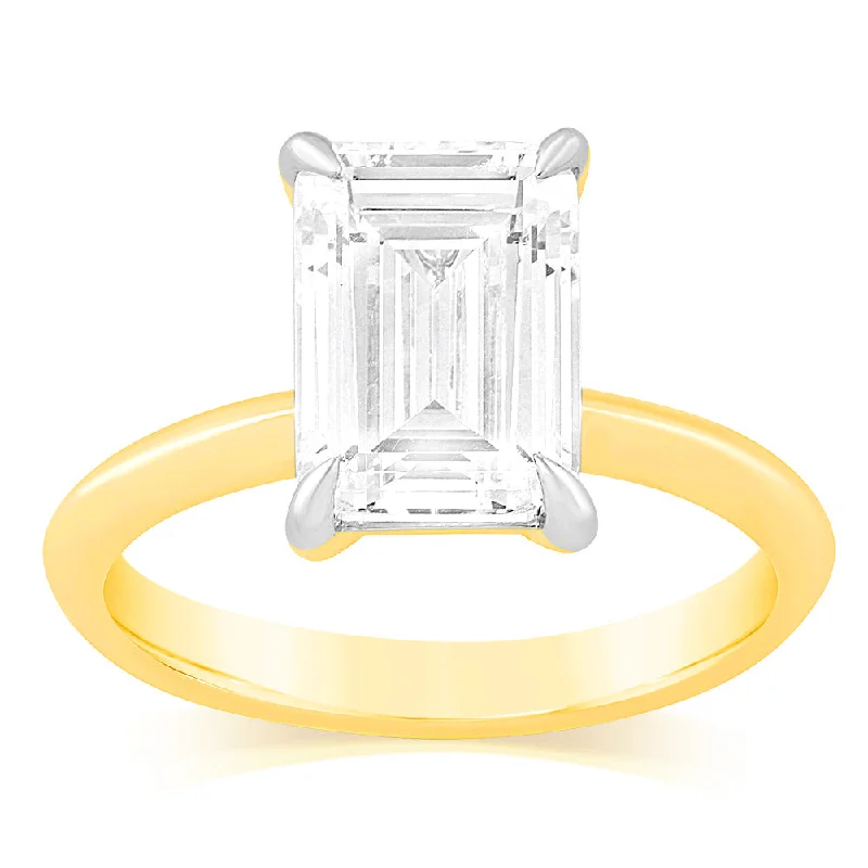 engagement-elegant-emerald-ring-Luminesce Lab Grown Certified 3 Carat Diamond Emerald Cut Engagement Ring in 18ct Yellow Gold