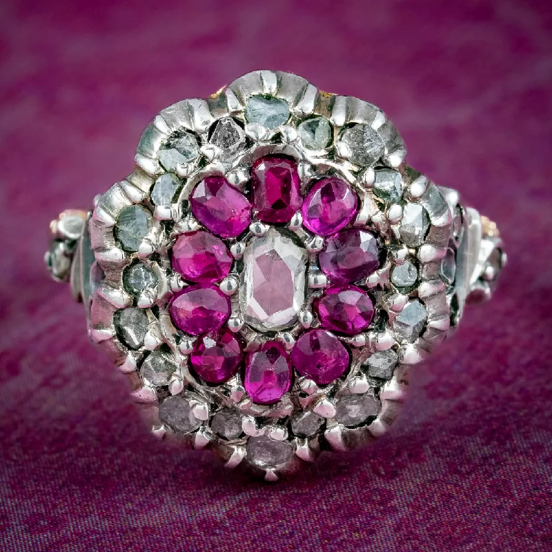 ladies-radiant-cut-gold-rings-Antique Victorian Ruby Diamond Cluster Ring 0.60ct Ruby