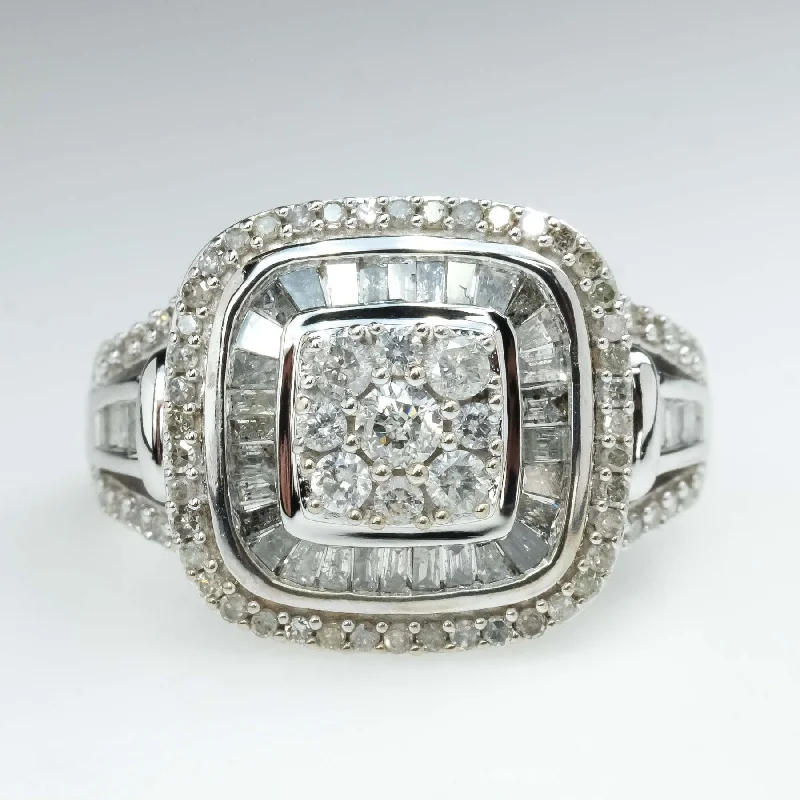 ladies-emerald-cut-rose-gold-rings-1.53ctw Diamond Accented Halo Cluster Statement Ring in 10K White Gold