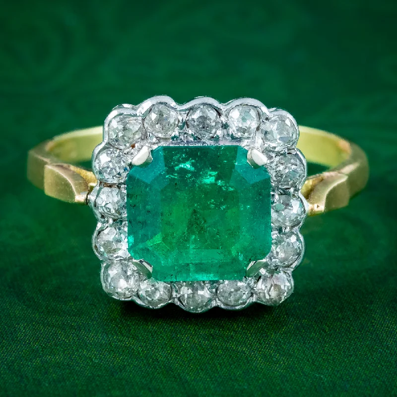 ladies-princess-cut-diamond-rings-Vintage Emerald Diamond Cluster Ring 3.65ct Emerald Dated 1977