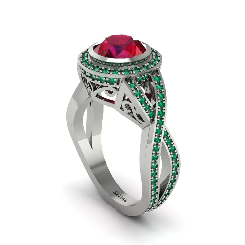 engagement-oval-silver-ring-Ruby Filigree Halo Twist Shank Engagement Ring - Wren No. 27