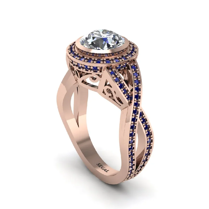 engagement-pearl-bezel-ring-Diamond Filigree Halo Twist Shank Engagement Ring - Wren No. 62