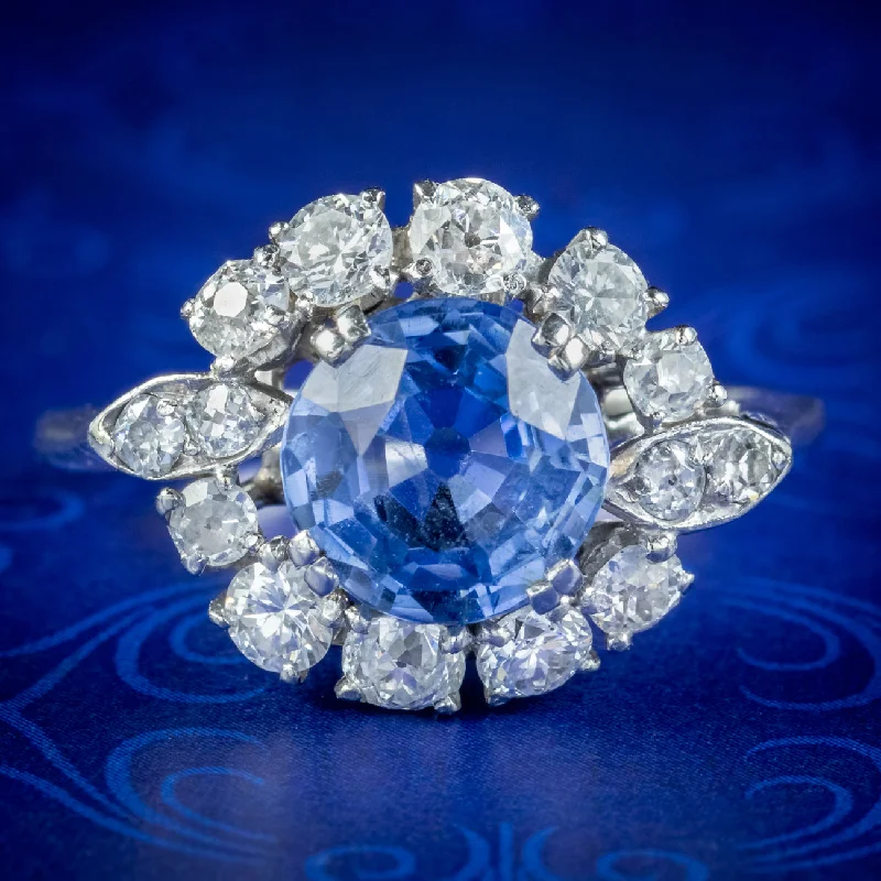 ladies-infinity-rose-gold-rings-Vintage Sapphire Diamond Cluster Ring 3.30ct Sapphire With Cert