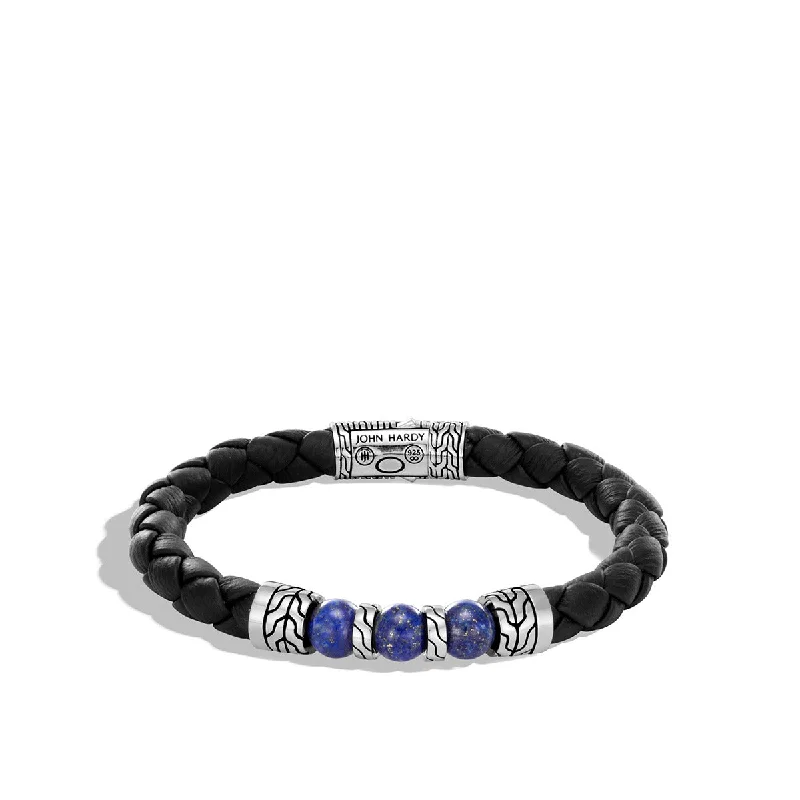 Ladies bracelets for style icons -Classic Chain Silver Bracelet on Black Leather with Lapis Lazuli Beads