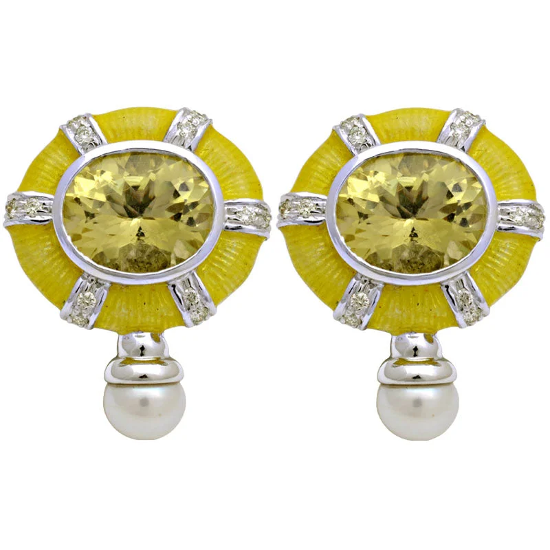 ladies-elegant-silver-earrings-Earrings-Lemon Quartz, Fresh Water Pearl and Diamond (Enamel)