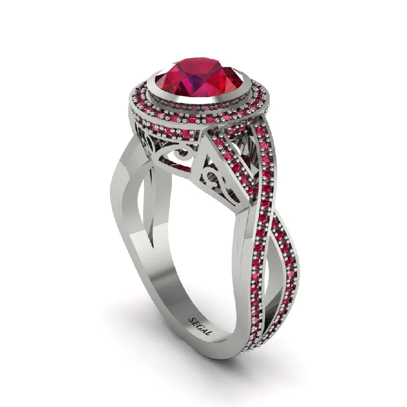 Ruby Filigree Halo Twist Shank Engagement Ring - Wren No. 57