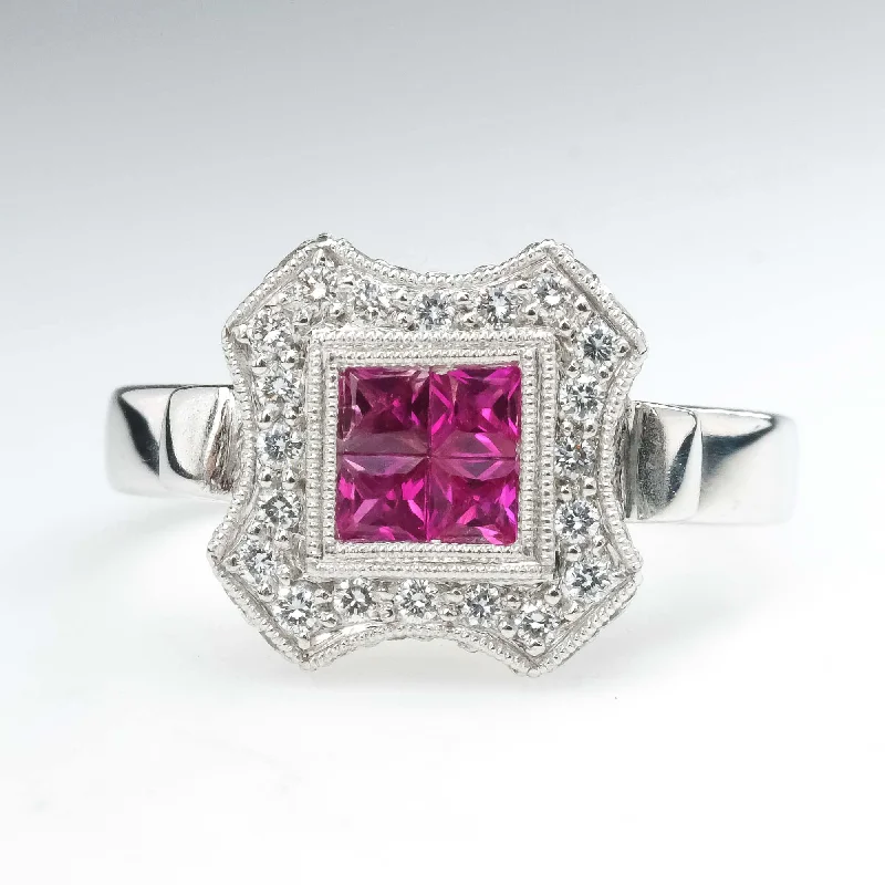 ladies-silver-three-stone-rings-Ruby & Diamond Accented Halo Ring in 18K Two Tone Gold