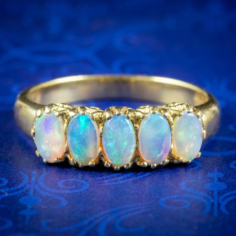 ladies-white-gold-halo-rings-Victorian Style Five Stone Opal Ring 1.25ct Of Opal