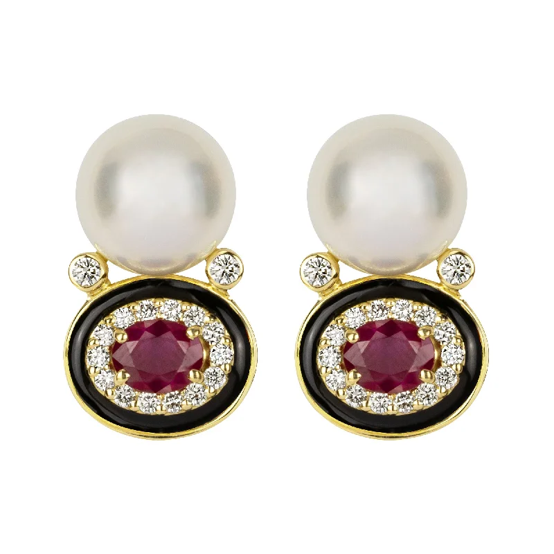 ladies-trendy-gold-earrings-Earrings - South Sea Pearl, Ruby And Diamond (enamel) (2352E)