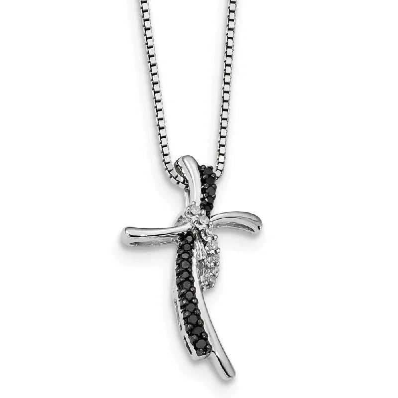 Ladies necklaces simple elegance -Black & White Diamond Double Crescent Cross Sterling Silver Necklace