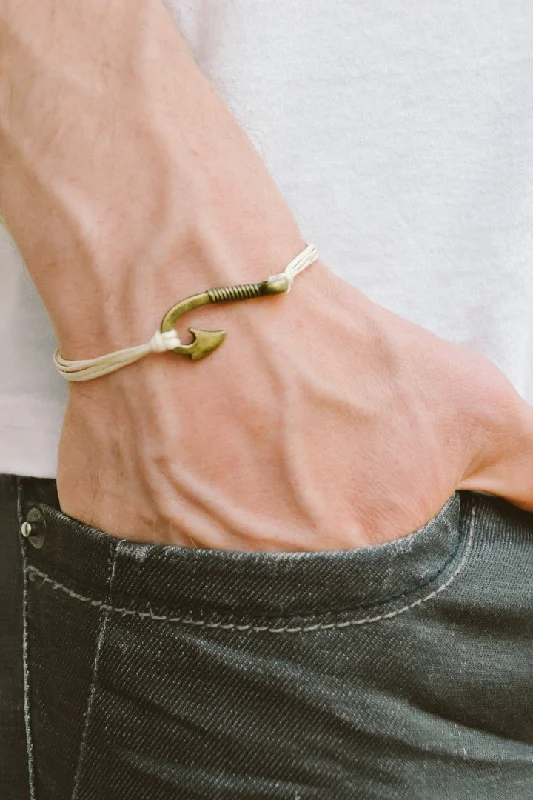 Ladies bracelets thin elegance -Fish hook charm bracelet for men, bronze hook, beige string, custom color, gift wrapped handmade