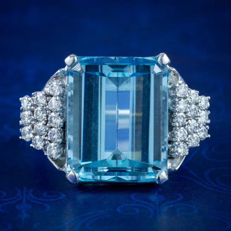 ladies-affordable-platinum-rings-Vintage Aquamarine Diamond Cocktail Ring 15ct Aqua