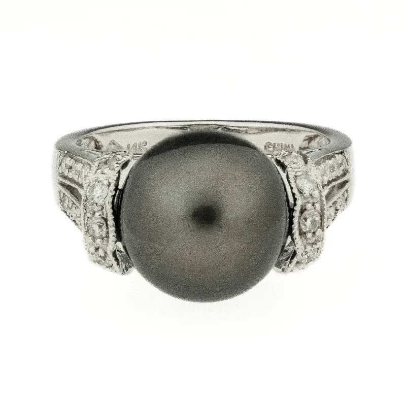 ladies-name-platinum-rings-11.50mm Tahitian Black Pearl and Diamond Accents Ring in 14K White Gold