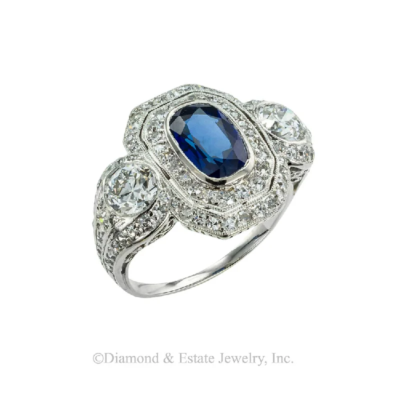 ladies-asscher-cut-silver-rings-Edwardian Sapphire Diamond Platinum Ring