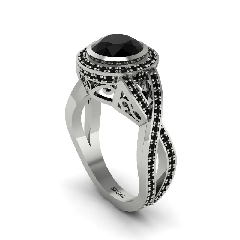 engagement-marquise-cut-platinum-ring-Black Diamond Filigree Halo Twist Shank Engagement Ring - Wren No. 39