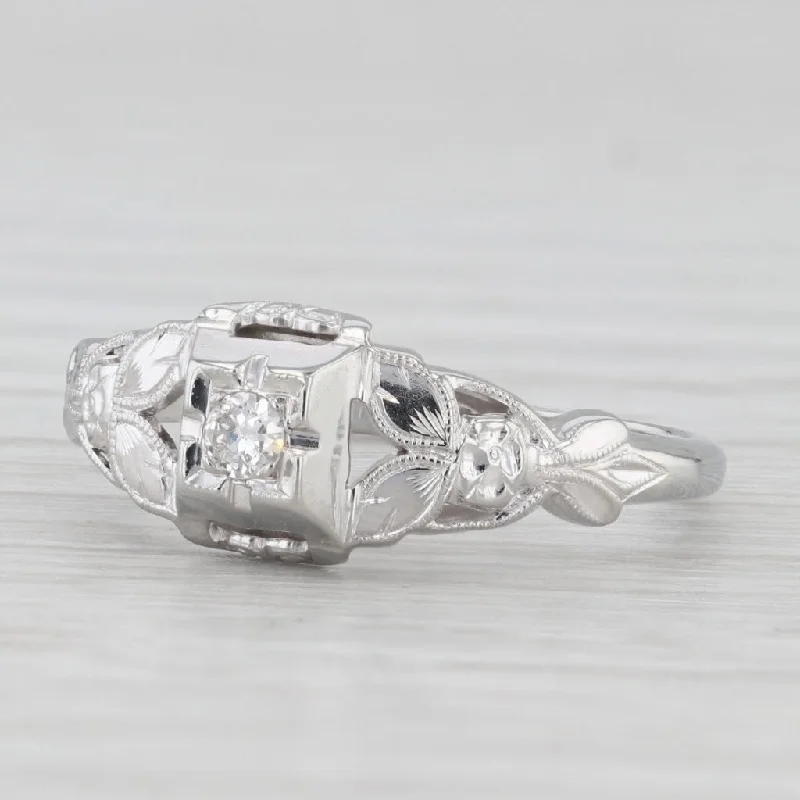 engagement-wedding-diamond-ring-Vintage VS2 Diamond Solitaire Engagement Ring 18k White Gold Size 6.75 Floral