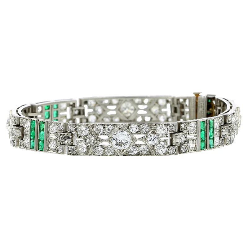 Ladies bracelets sleek modernity -Art Deco Platinum Diamond and Emerald Bracelet