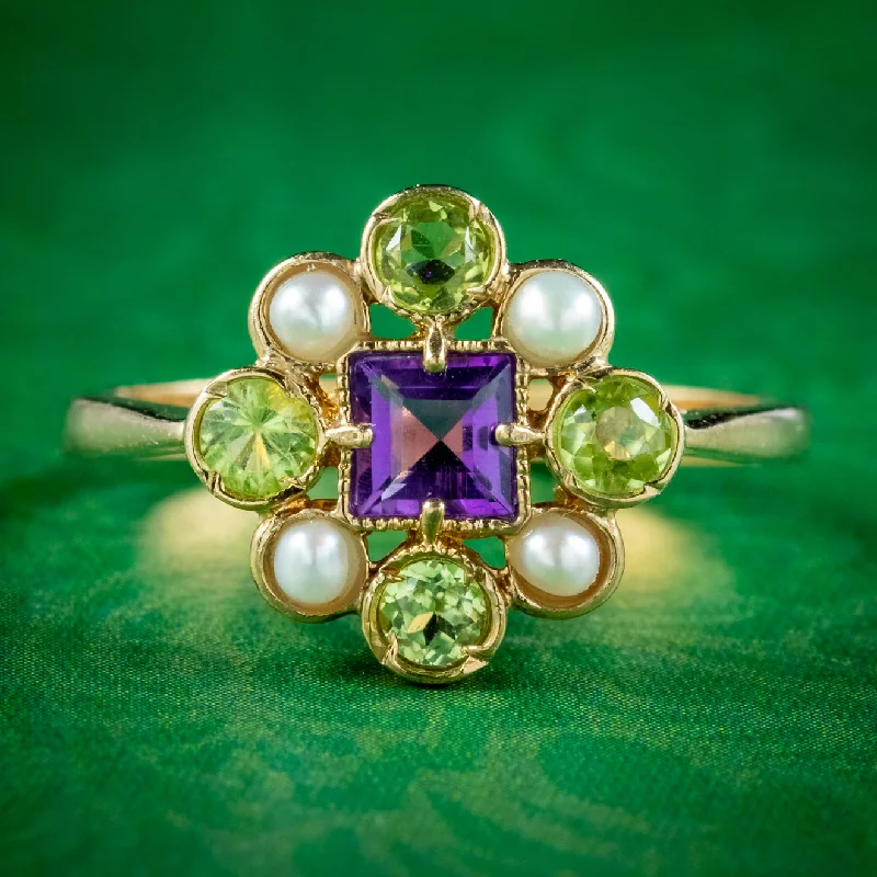 ladies-white-gold-stackable-rings-Edwardian Suffragette Style Cluster Ring Pearl, Peridot and Amethyst