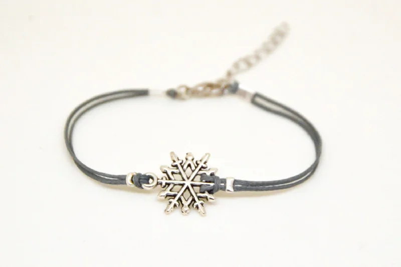 Ladies bracelets with teal amethyst -Women bracelet with silver snow flake charm, gray cord